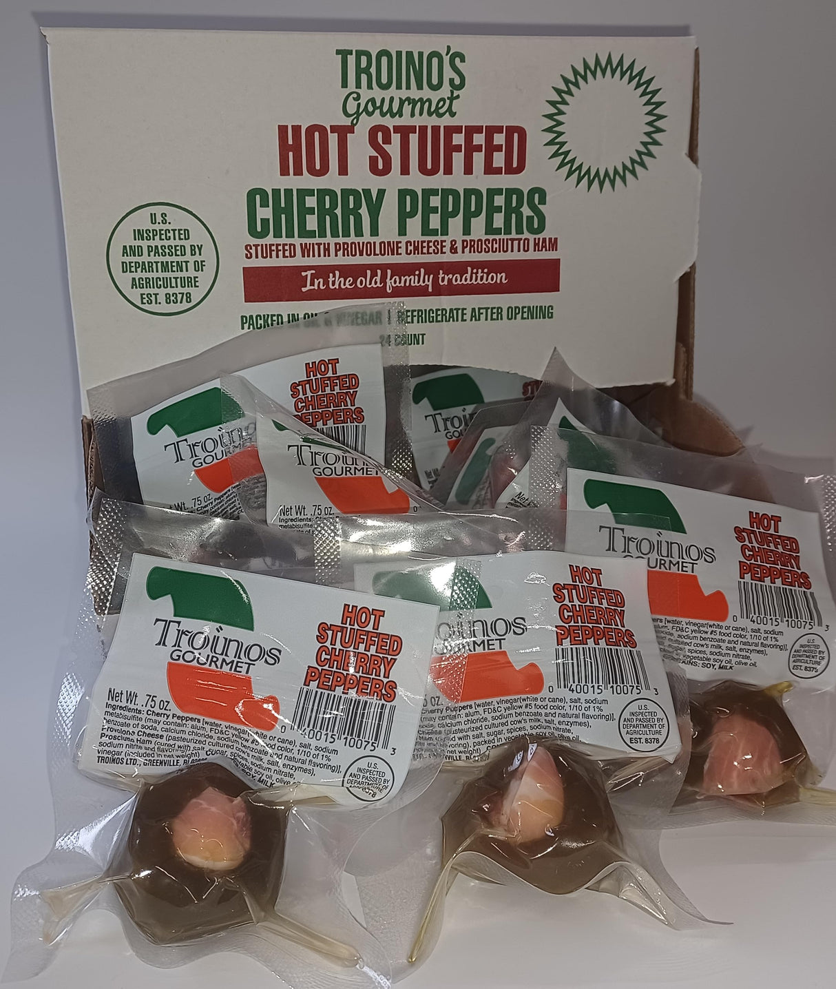 Troino's Gourmet Hot Stuffed Cherry Peppers with Prosciutto & Provolone (24 Individually Wrapped Hot Stuffed Singles in Counter Top Display Box)