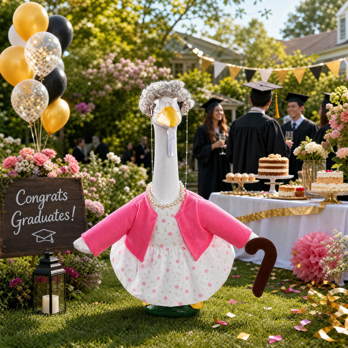 Old Lady Porch Goose Outfits with Floral Dress for 23" Cement Goose Statues