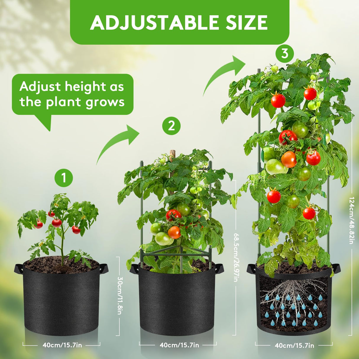 SOUNDVALUE 3 Pack Tomato Cage with 10 Gallon Grow Bag for Garden Balcony