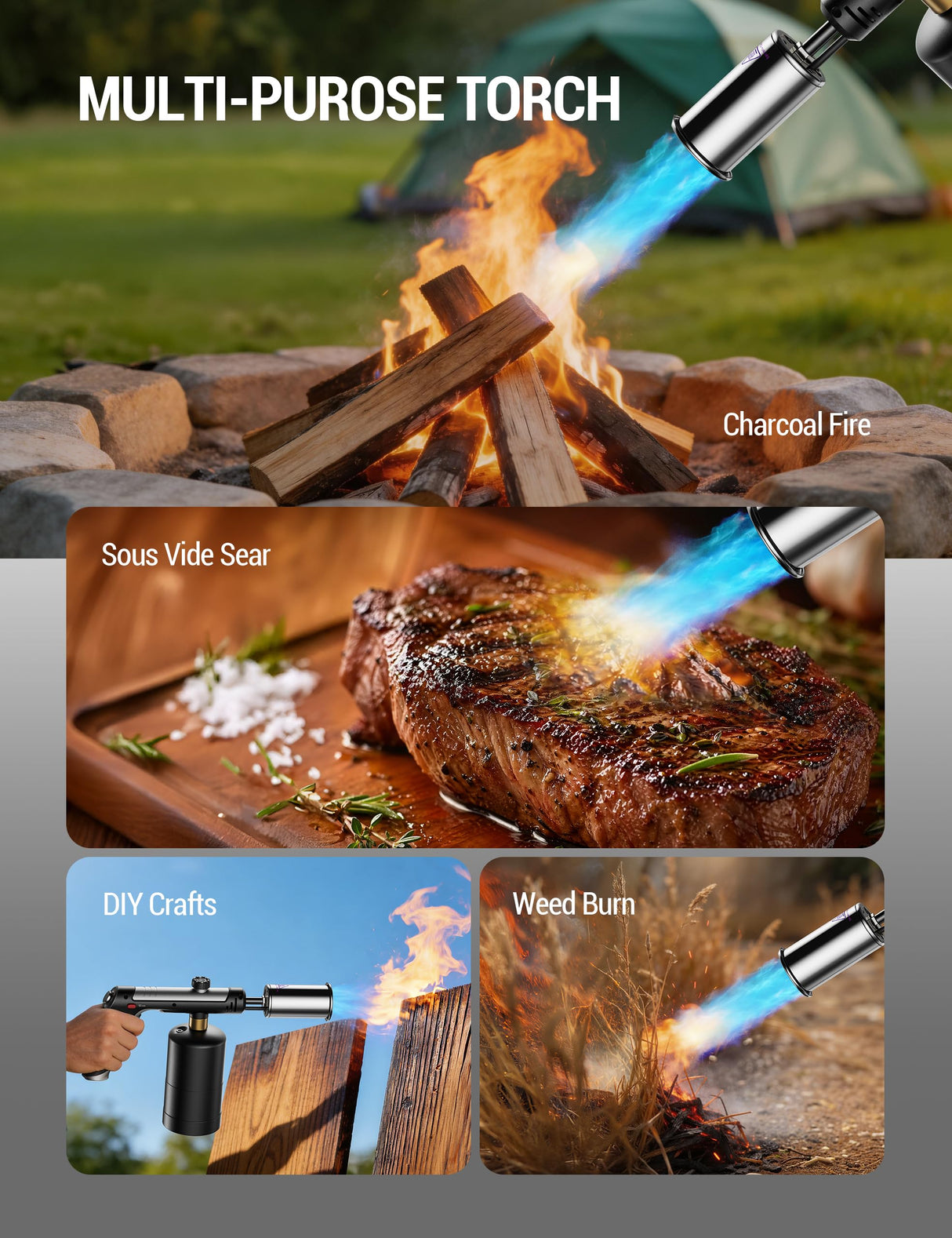 ThermoMaven Propane Torch with One-Touch Max Fire, Cooking Blow Torch Gun with a Safety Lock, Charcoal Lighter, Flame Thrower, Kitchen Food Torch Head for Grill, Sous Vide, BBQ (Tank Not Included)