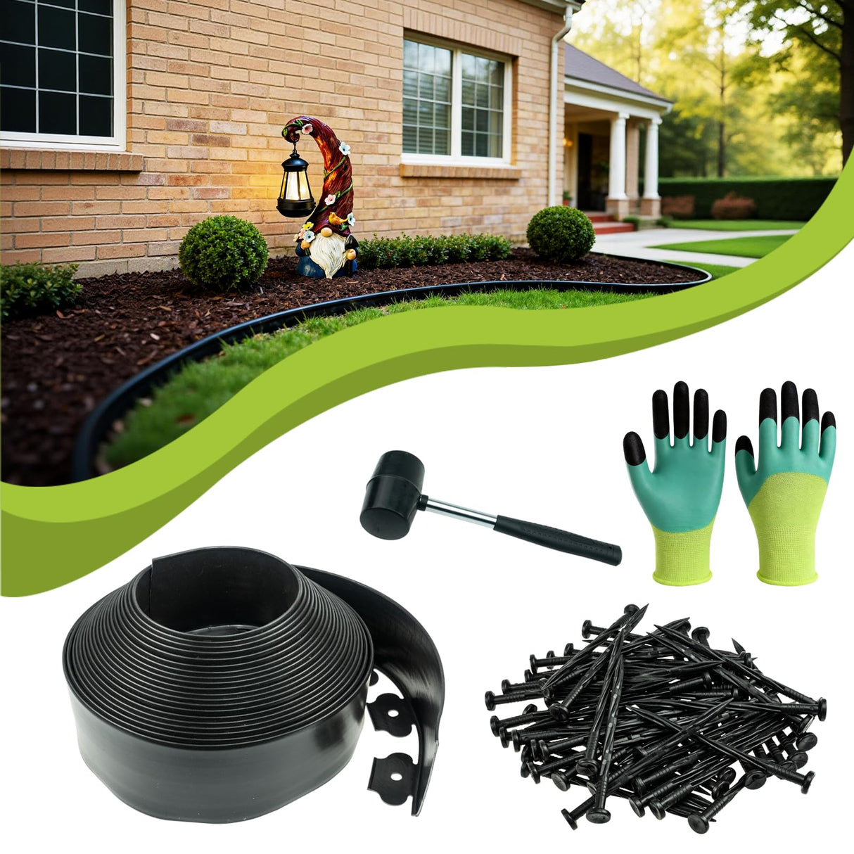 4in x 50ft No Dig Landscape Edging, Garden Edging Border with 75 Spikes, Hammer & Gloves, Tool-Free HDPE Lawn Edging Kit for Garden Yard Flower Beds Pathway Landscaping Project