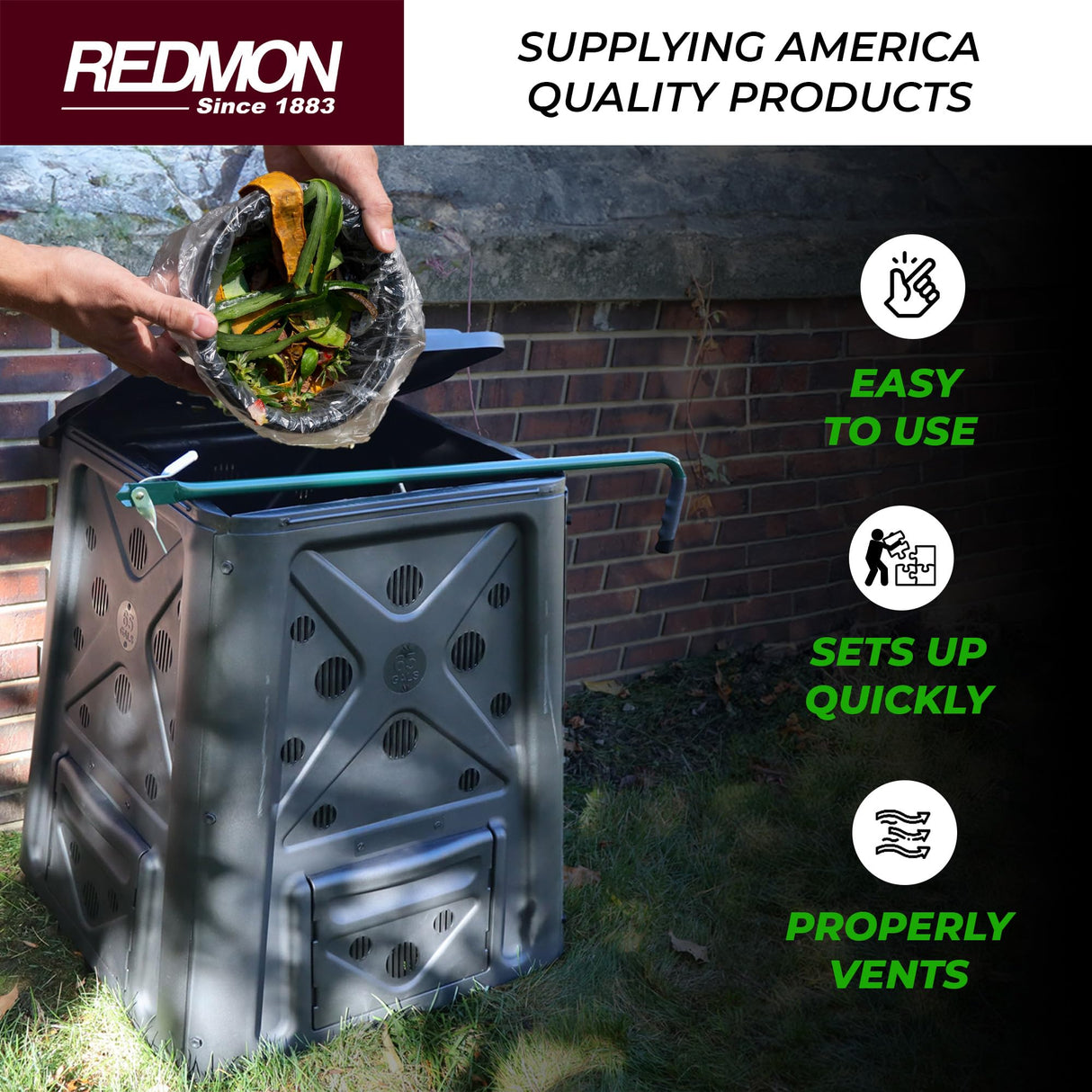 Redmon Outdoor Compost Bin with Lift Off Lid, 4-Door Access & Vent Holes, 65 Gallon, Black - Composting Bin Container for Kitchen Food Waste Recycling