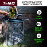 Redmon Outdoor Compost Bin with Lift Off Lid, 4-Door Access & Vent Holes, 65 Gallon, Black - Composting Bin Container for Kitchen Food Waste Recycling