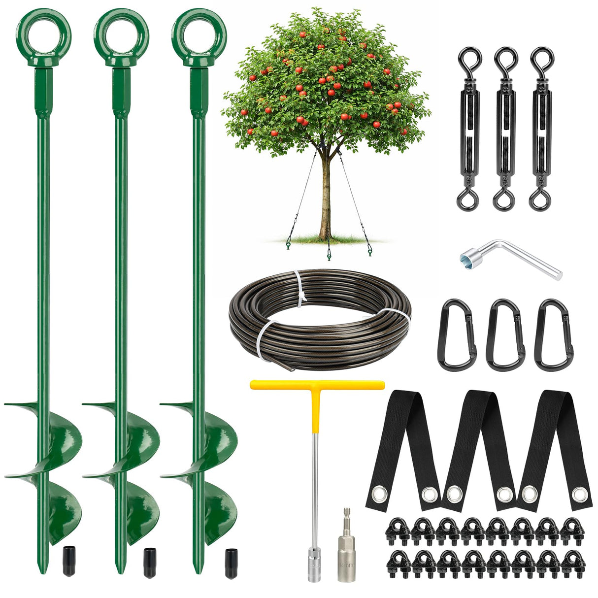 Fuuner Tree Stakes and Supports Kit, 3 Pack Spiral Tree Stakes with Straps & Turnbuckles, Tree Support Stakes for Leaning Trees and Young Trees