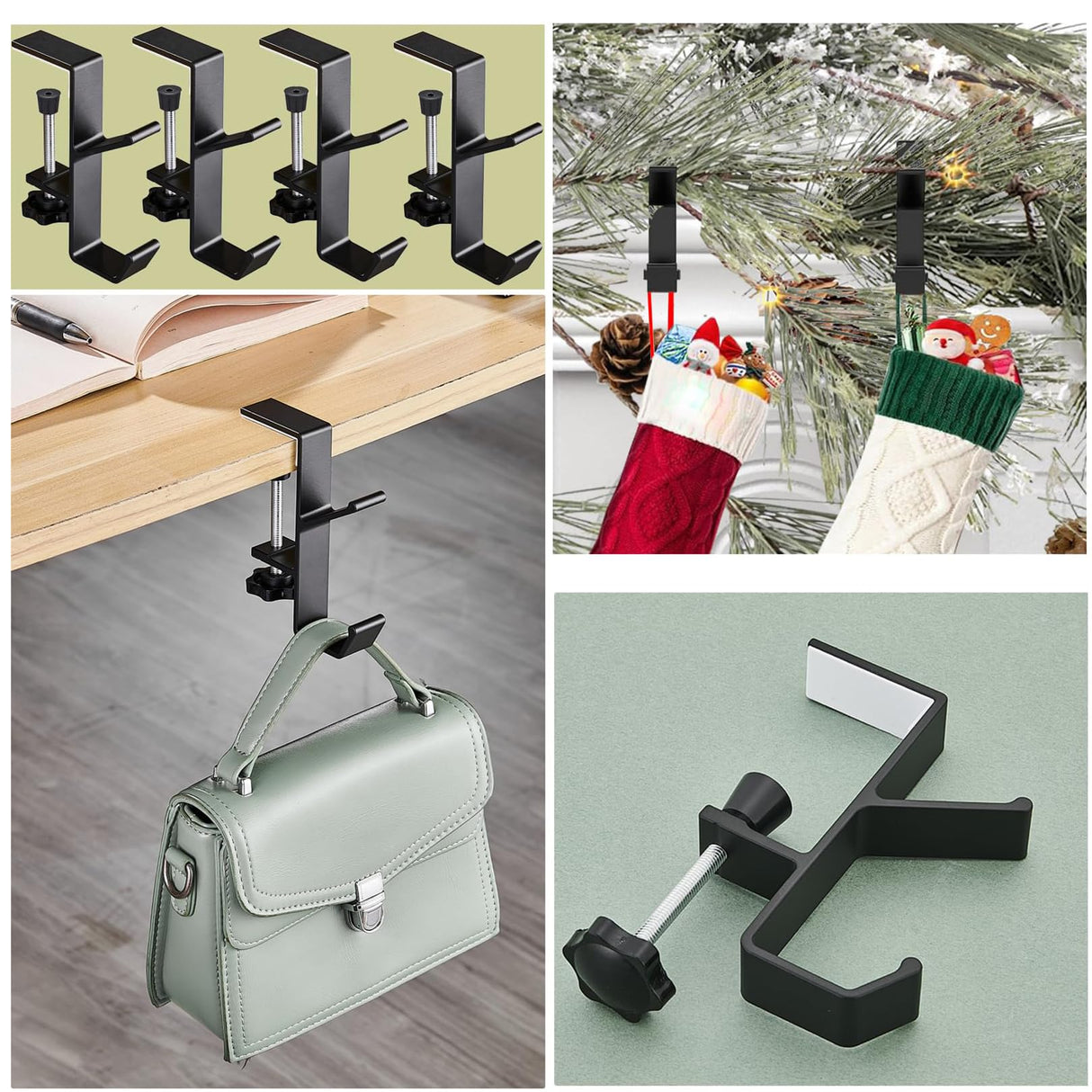 AZHAIBUQI 4 Pack Christmas Fireplace Stocking and Garland Hanger,Mantle Garland Holder for Hanging Christmas Stockings,Adjustable Garland and Stocking Holder,Black