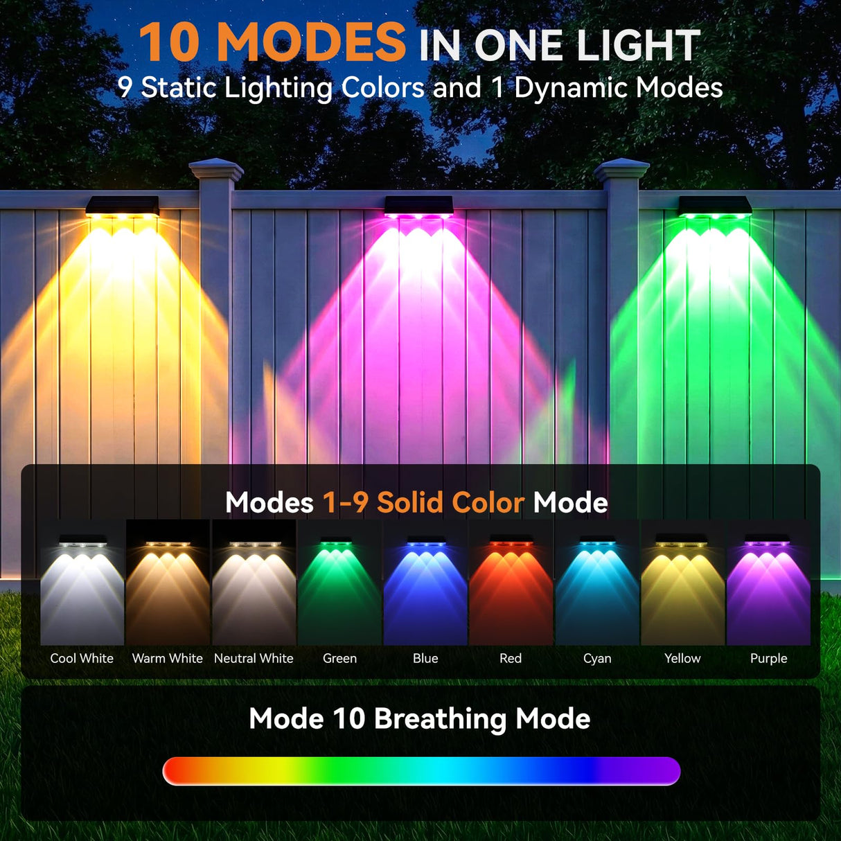BONLION Solar Fence Lights Outdoor 10 Pack, Upgraded Brightness 3X LED Lens Fence Lights Solar Powered, 9 Fixed Colors & RGB Lights,IP65 Waterproof Solar Lights for Outside Backyard/Railing/Step/Patio