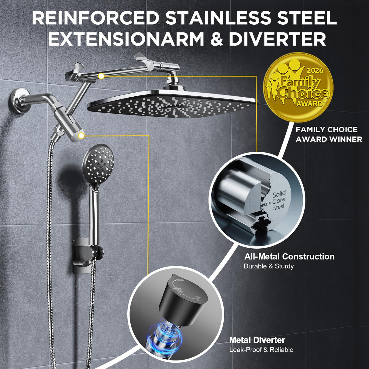 Veken 11.8" Rain Shower Head with Handheld, High Pressure Handheld Shower with Multi Spray Modes, Rainfall Combo with Metal Extension Arm, Detachable Dual Showerhead, Bathroom Decor, Chrome Silver