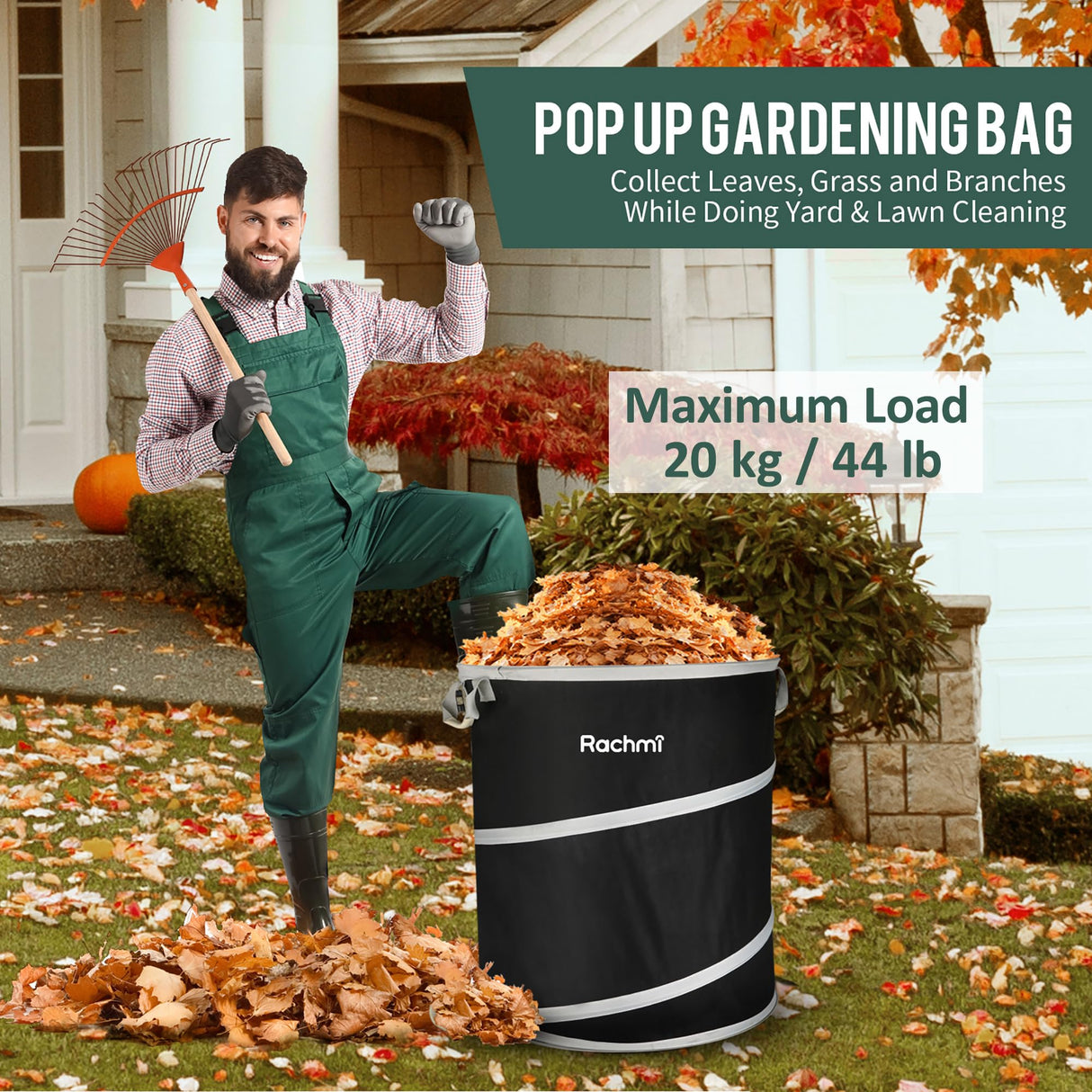 Rachmi 40 Gallon Collapsible Trash Can 2-Pack, Heavy Duty 600D Oxford Reusable Pop-Up Yard Waste Bag for Lawn & Garden Cleanup, Water-Resistant Outdoor Leaf Bin with Spring Frame, 22"x26.4", Black