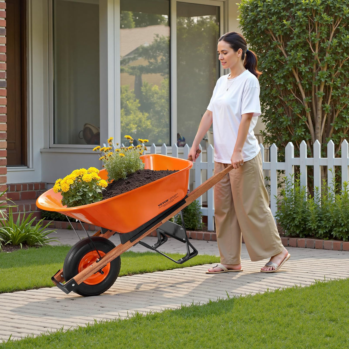 VEVOR Wheelbarrow Cart, 6 Cu. Ft. Load & 330 lbs Capacity, One Wheel Garden Dump Cart Wheel Barrow with Metal Handle & 16" Wide Track Wheels, Easy Loading Utility Yard Cart & Wagons for Lawn Farm