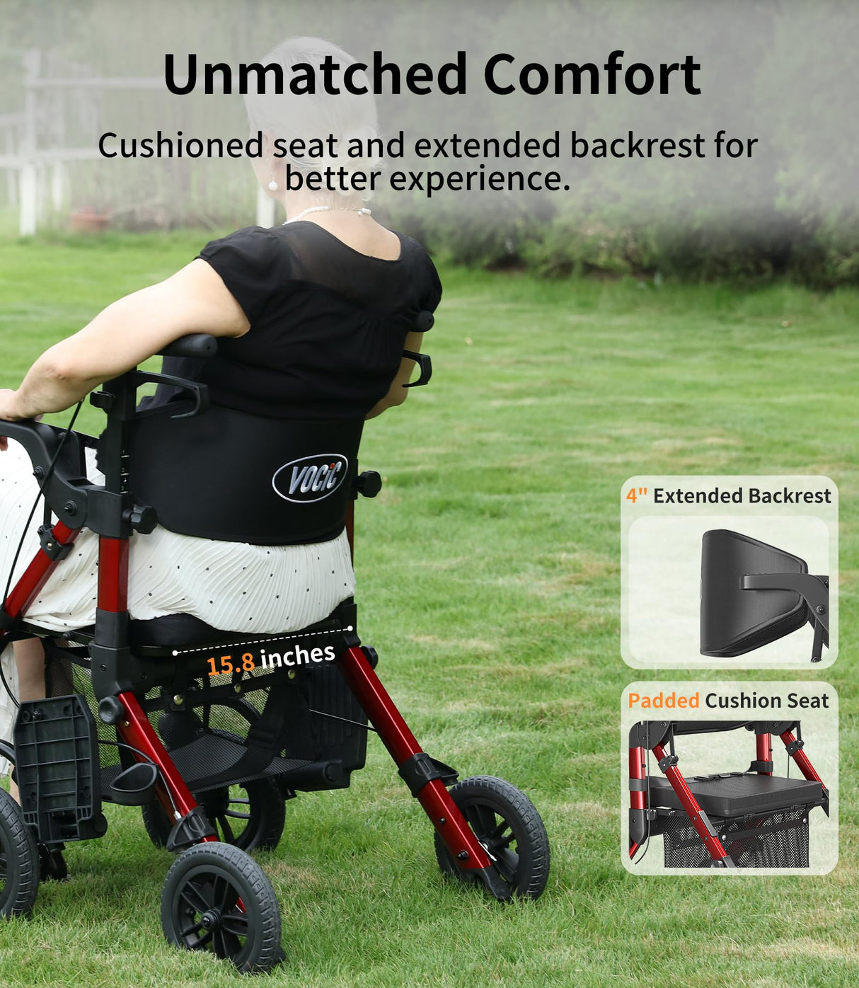 VOCIC Walkers for Seniors, Wheelchairs for Adults, Rollator Walker with Seat, 2 in 1 Rollator Transport Chair with Brakes, Rollator Lightweight Foldable, Walker Wheelchair Combo Z51-FSA HSA