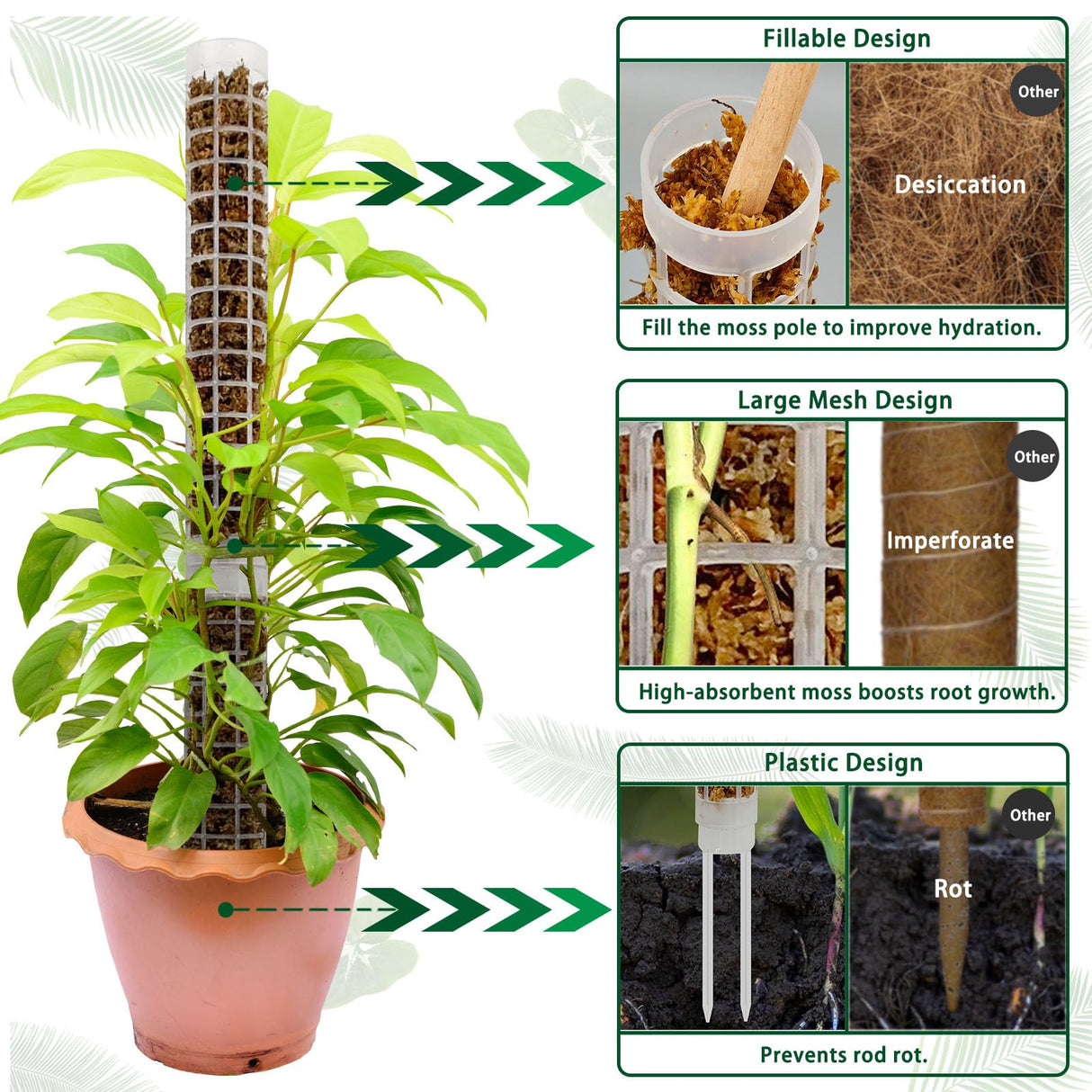 Small Moss Pole for Monstera - Stackable & Refillable Plastic Moss Poles for Climbing Plants with Large Mesh Design (12Pack-White-Small)