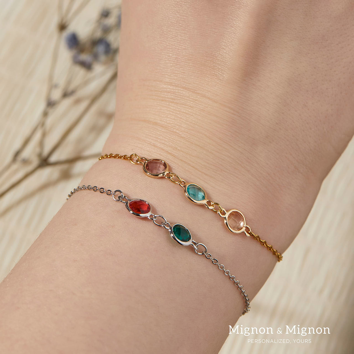 MignonandMignon Birthstone Bracelet for Women Gold | Custom Birth Month Gemstone Chain Bracelet | Friendship Bracelet Personalized Gift for Mom Daughter Best Friend