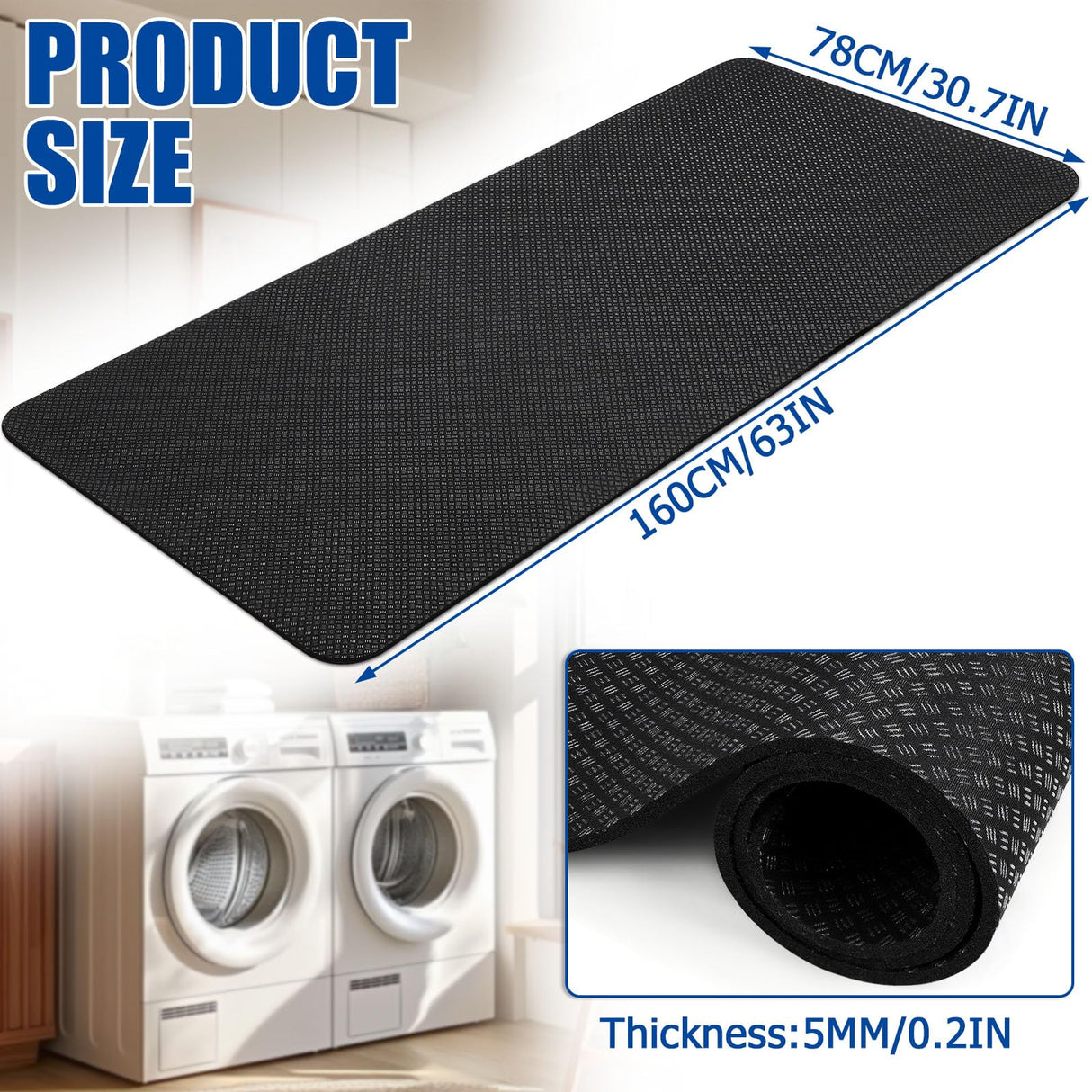 Gsbomzap Doubled-Sided Non Slip Under Washing Machine Mat, 63" x 30.7" Anti-Vibration Mat for Washer Dryer, Waterproof Mat for Fridge Refrigerator Floor Protection, Noise Reducing