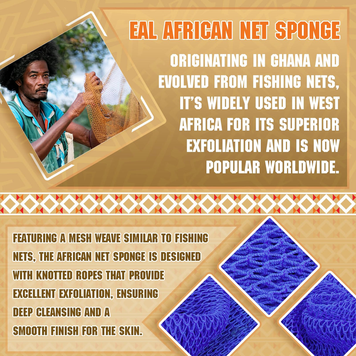 2 Pieces African Net Sponge – Real Authentic Exfoliating Bath Sponges for Silky Smooth Skin, Deep Cleansing Mesh for Full Body, Quick-Drying & Travel-Friendly（Blue Black）