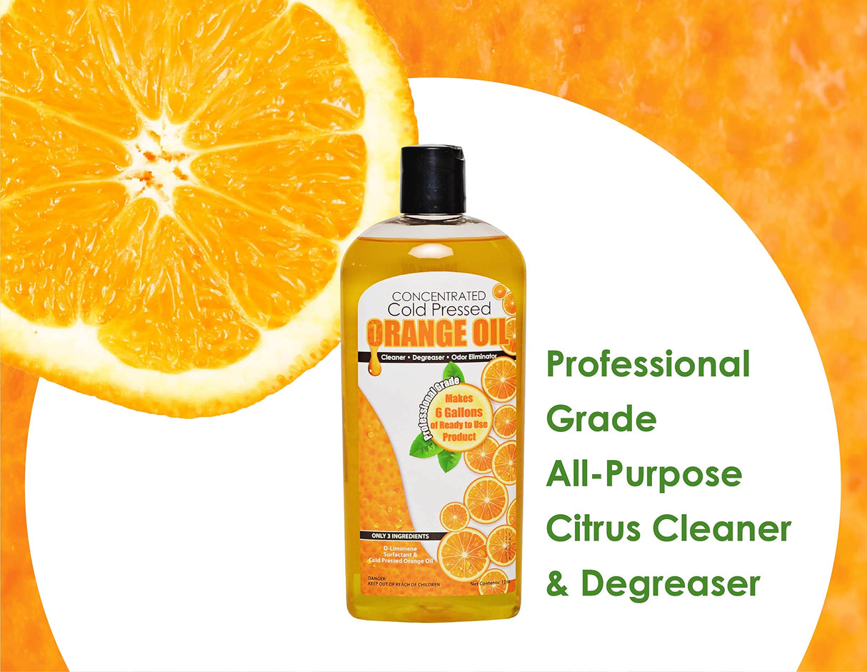 Cold Pressed Orange Oil Concentrate |12-ounce Professional Grade All-Purpose Citrus Cleaner, Degreaser & Pet Odor Eliminator Blend | Dilutes to 6 Gallons of Finished Product | Home and Outdoor Use