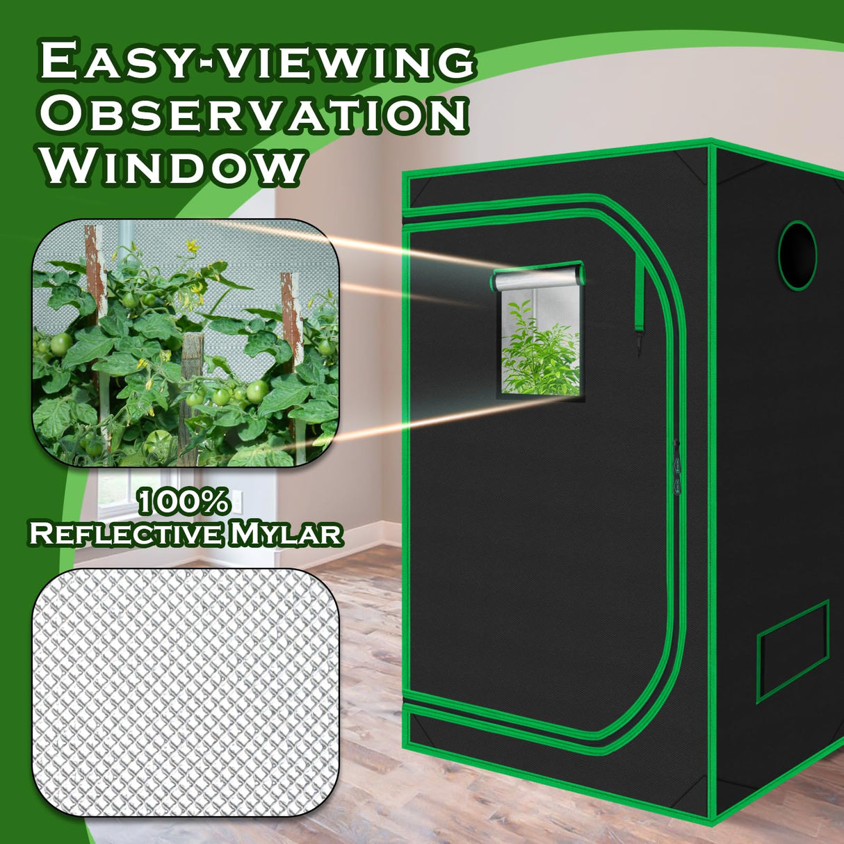 Green Hut 3x3 Grow Tent, 36"x36"x72" Growing Tent with Observation Window and Floor Tray for Hydroponics Indoor Plant Growing 3x3 Grow Room