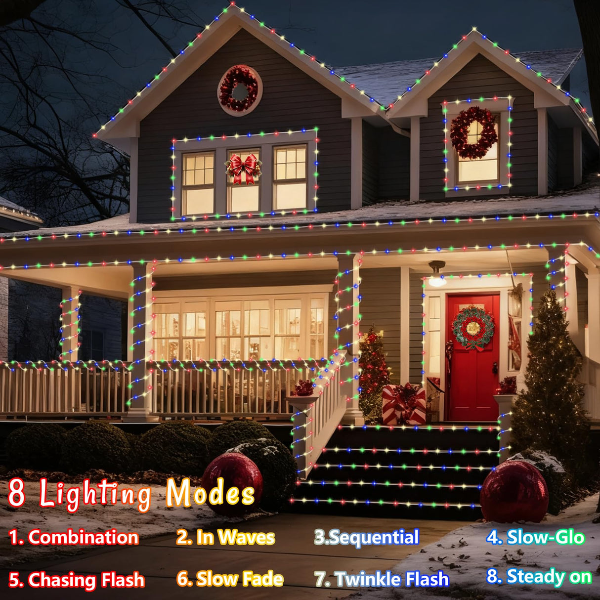 QITONG Multicolor Solar Christmas Lights, 2 Pack Each 33ft 100 LED Rope Light, Fairy Lights in Clear Thin Tube with 8 Modes