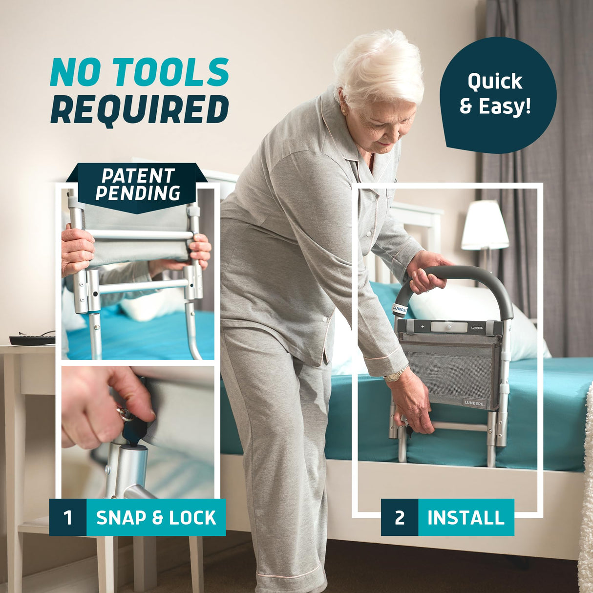 Lunderg Bed Rails for Elderly Adults Safety - with Motion Light, Storage Pocket & Non-Slip Handle Bar - Bed Railings for Seniors & Surgery Patients - The Bedside Assist Makes Getting in & Out Easier