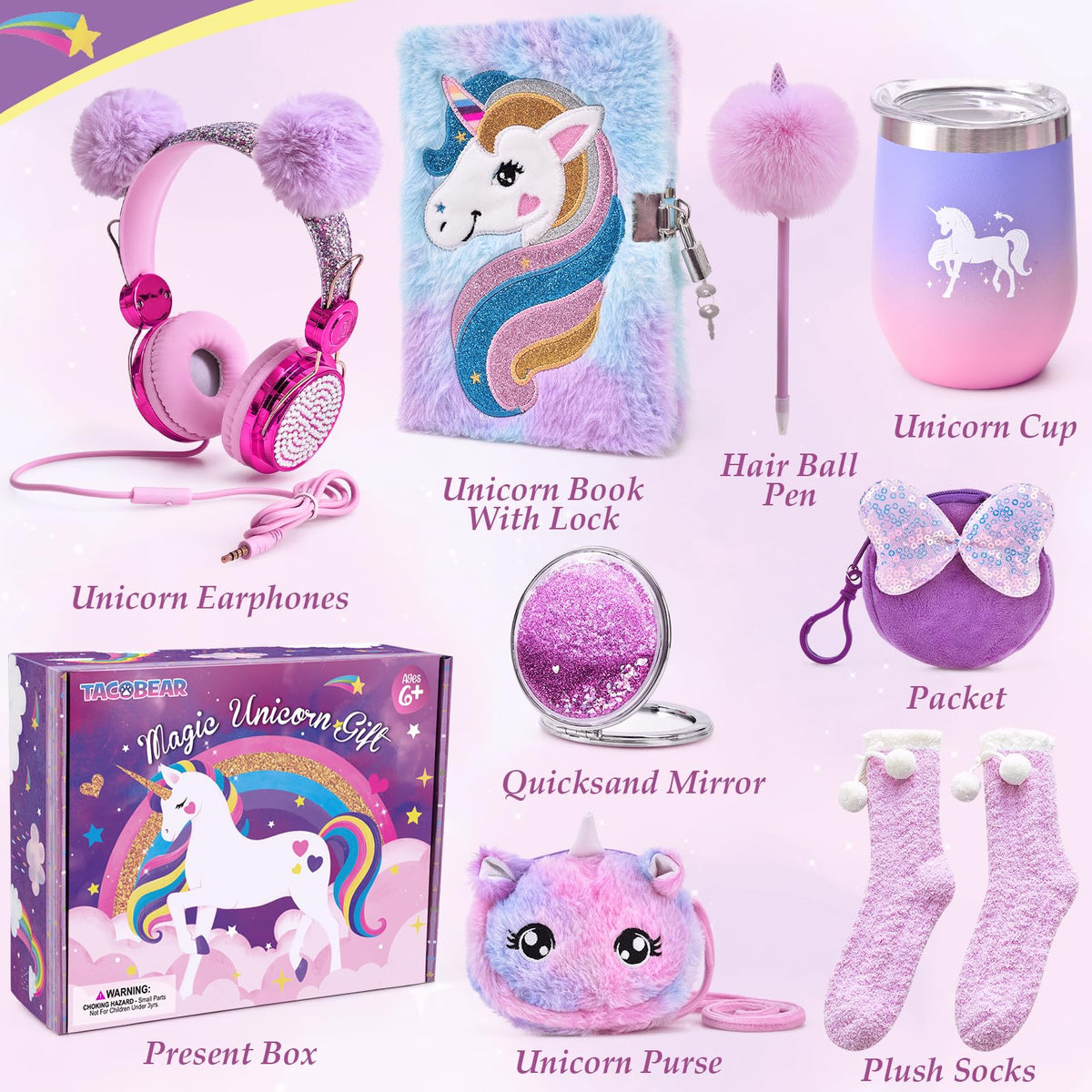 Tacobear Unicorn Gifts for Girls Age 6-10, 9PCS Unicorn Gift Set with Wired Headphones, Lock Diary, Insulated Cup, Coin Pouch, Socks, Mirror & Pen, Christmas Birthday Gifts for Kids 6 7 8 9 10 11 12