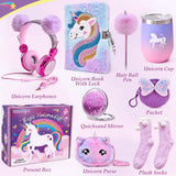 Tacobear Unicorn Gifts for Girls Age 6-10, 9PCS Unicorn Gift Set with Wired Headphones, Lock Diary, Insulated Cup, Coin Pouch, Socks, Mirror & Pen, Christmas Birthday Gifts for Kids 6 7 8 9 10 11 12