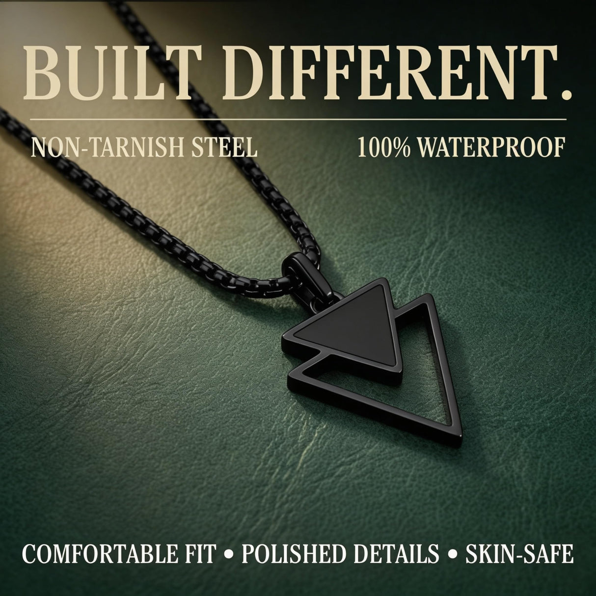 Galis Mens Necklace - Premium Stainless Steel for Men, Non Tarnish with Triangle Black Enamel Pendant, Chain Pendants, Stylish - Gifts for Him - Black 24"