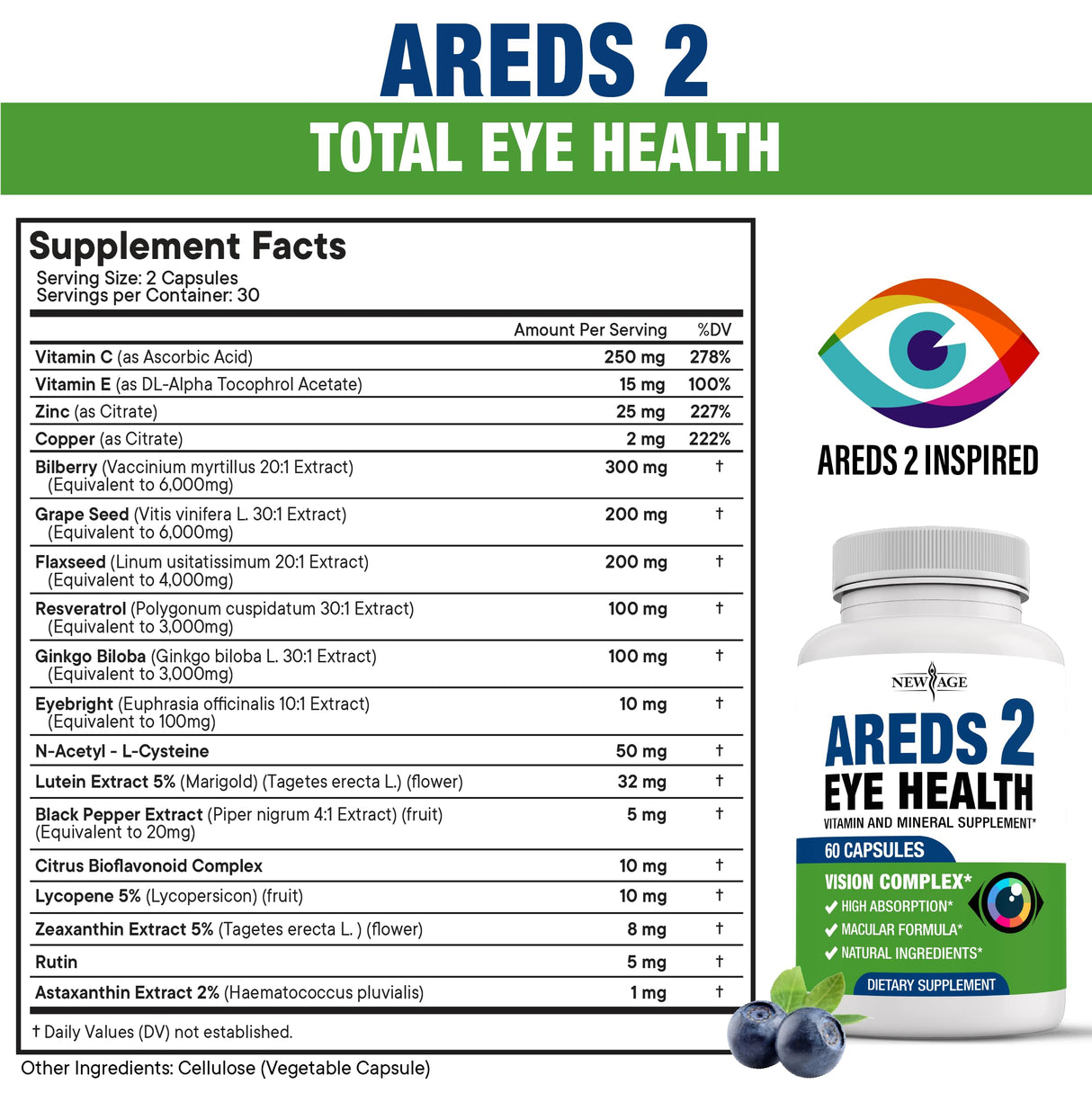 NEW AGE AREDS 2 Eye Vitamin Contains Bilberry 6000mg Lutein (32mg), Grape seed (6000 mg), Eyebright (1000 mg), and Zeaxanthin (8 mg) - 120 Count