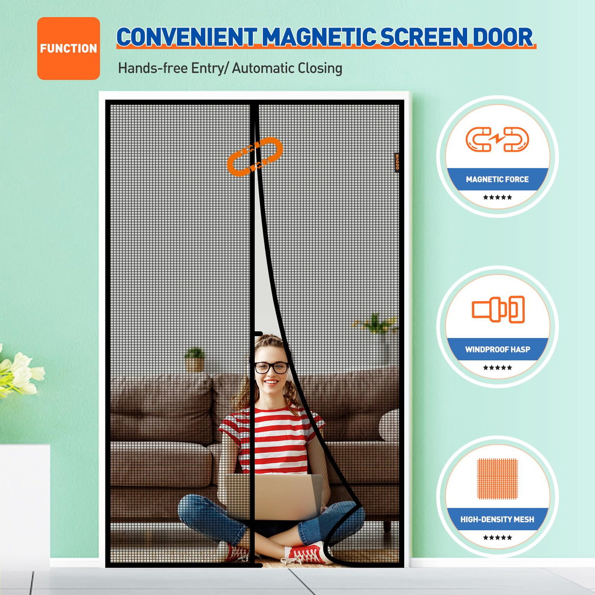 MAGZO Magnetic Screen Door Fit Door Size 48 x 96 Inch, Actual Screen Size 50" x 97" Magnet Screen Curtain for Sliding Door-Black