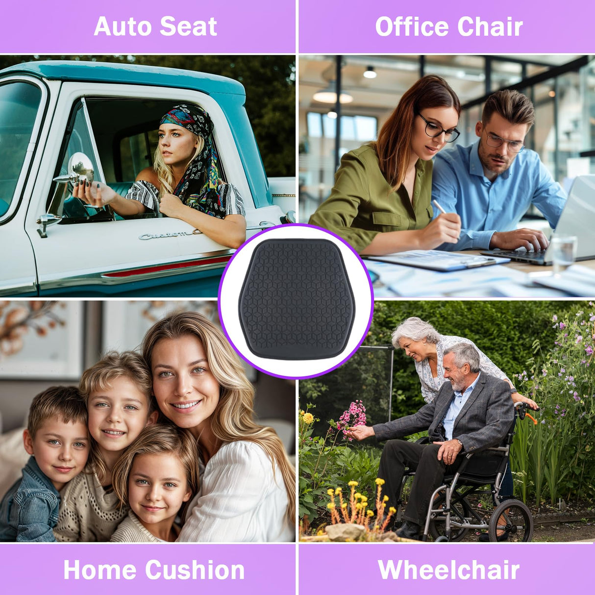 Binsheo Thin Gel Seat Cushion for Car Seat, Office Chair, Wheelchair, Golf Cart - Non-Slip Car Seat Cushions with 1 Inch Gel - Sciatica & Coccyx Pain Relief (Fabric, Black)