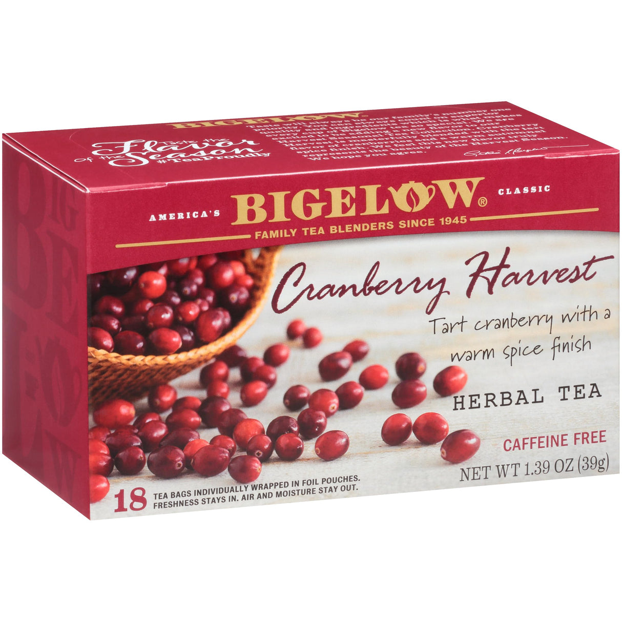 Bigelow Tea Cranberry Harvest Herbal Tea, Caffeine Free Tea with Cranberry and Spice, Holiday and Christmas Tea, 18 Count Box (Pack Of 6), 108 Total Tea Bags