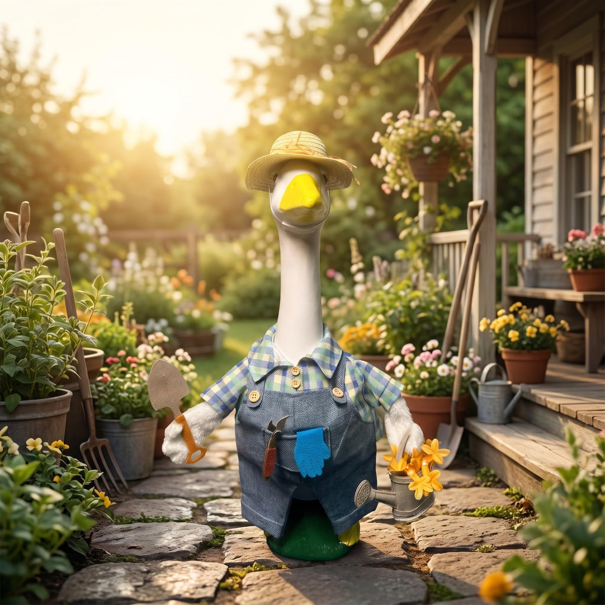 HALSHI Gardener Goose Outfit, Fits Large 23" H Cement Plastic Goose Statue, Spring Porch Goose Clothes with Hat, Felt Tools, Watering Can & Flower for Outdoor Garden Yard Patio Art Decor