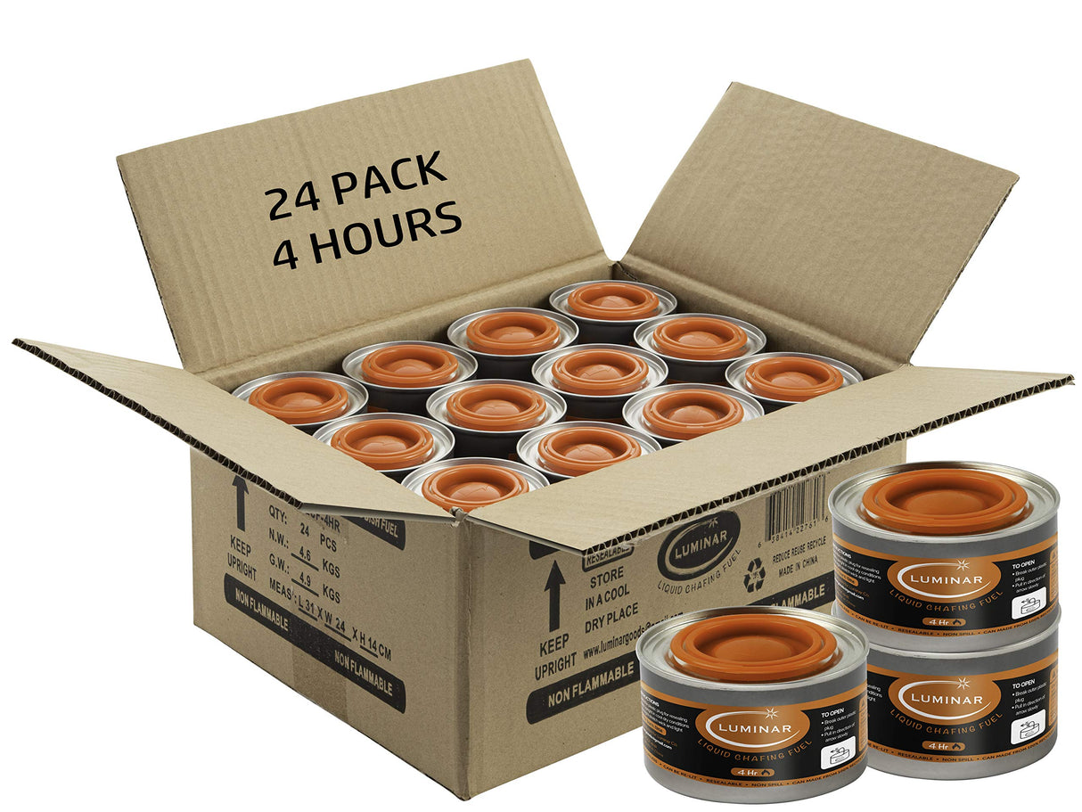Luminar Resealable-Wick Chafing Fuel Cans, 24 Pack, 4 Hour - Premium Quality Burners for Food Warmers - No More Spills, Waste, or Hassle - Perfect for Convenient, and Long-Lasting Event Catering