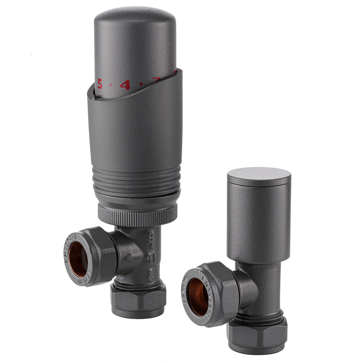 Sandy Beach Anthracite Radiator Valves, Grey Radiator Valve Thermostatic, Anthracite TRV Radiator Valves - Grey Thermostatic Radiator Valve with Lockshield Valve Angled (15mm)