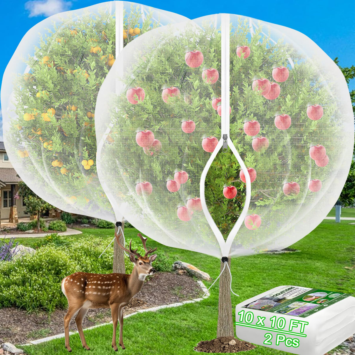 VITI Large Fruit Trees Netting Zipper - 2Pcs 10X10 FT with Drawstring Bird-Proof,Durable Mesh Covers for Blueberry,Apple,Pear,Peach,Orange Trees&Tomato Plants Bug Insect Protection Cover (2,10X10 FT)