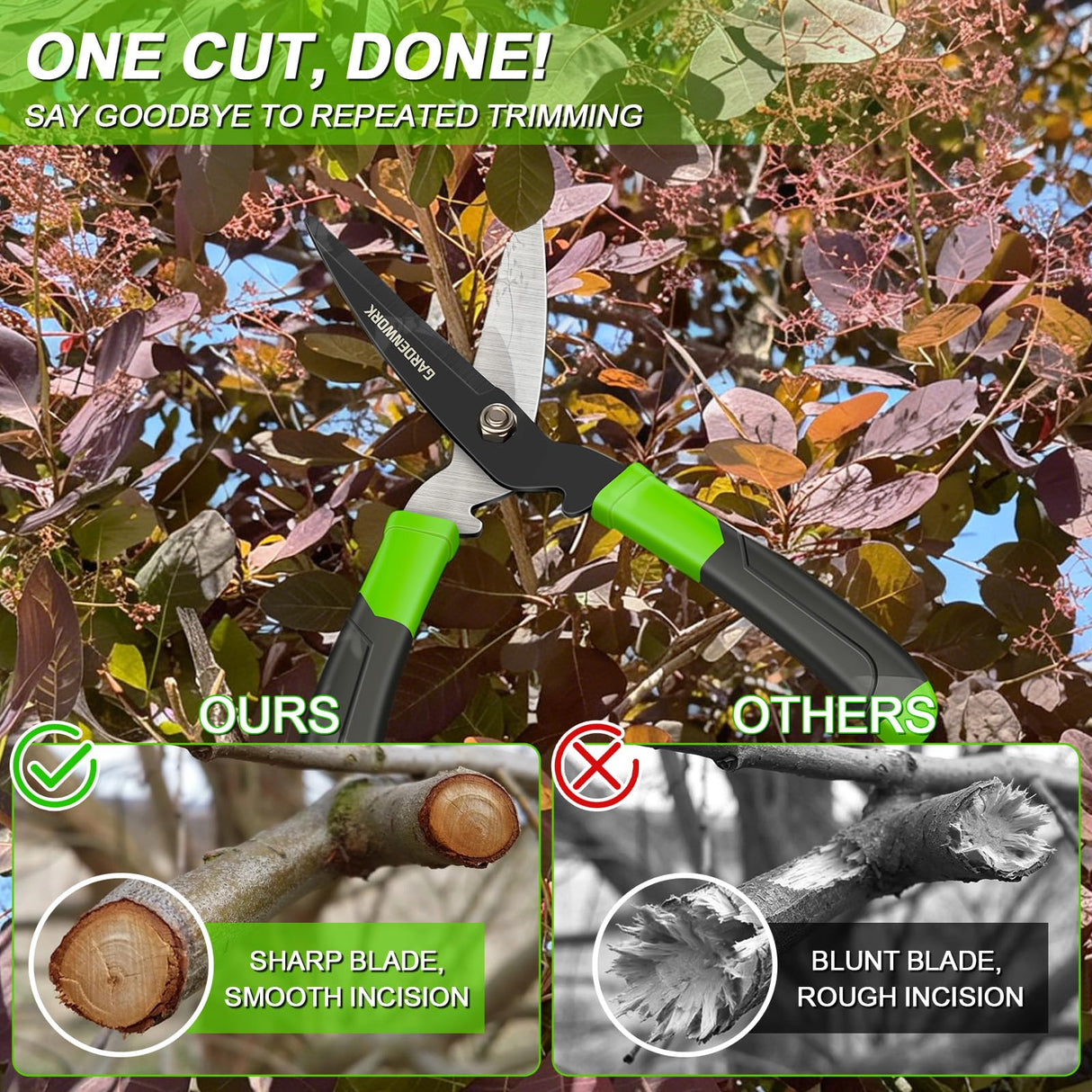 GARDENWORK Hedge Clippers Shears with Teflon Coated,High Carbon Steel Blades,Bush Cutters Trimmer with Comfort Grip Handles,Lightweight 16 in Garden Clippers for Gardening Yard