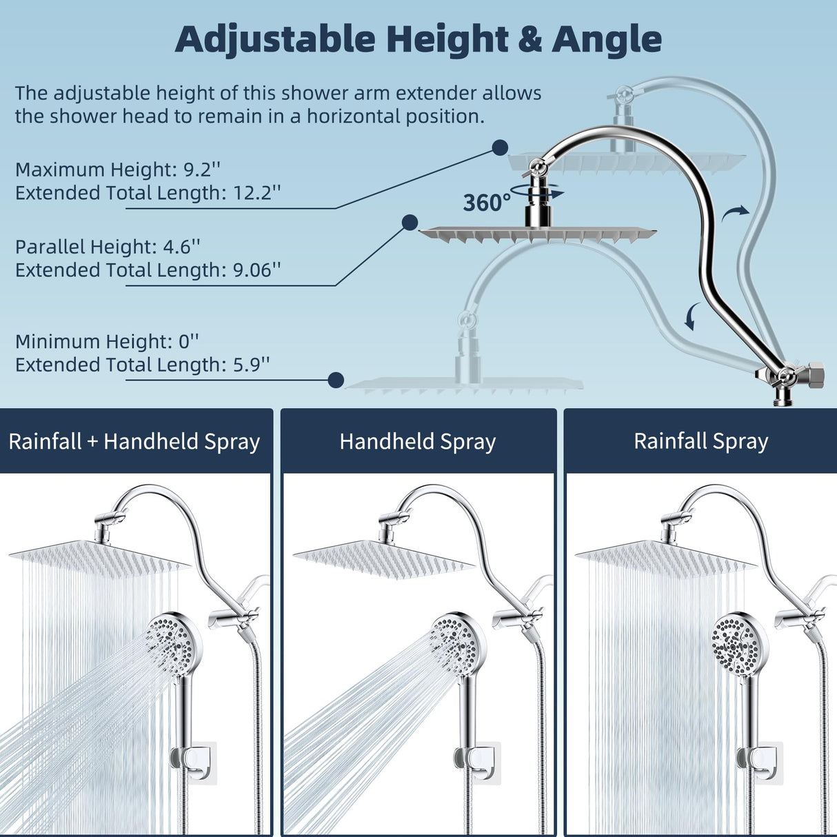 Hibbent All Metal CUPC Certified Shower Head, 10'' High Pressure Rainfall Shower Head, Handheld Showerhead Combo, 12'' Adjustable Extension Arm, 10 Sprays, 71'' Shower Hose, Showerhead Holder, Chrome