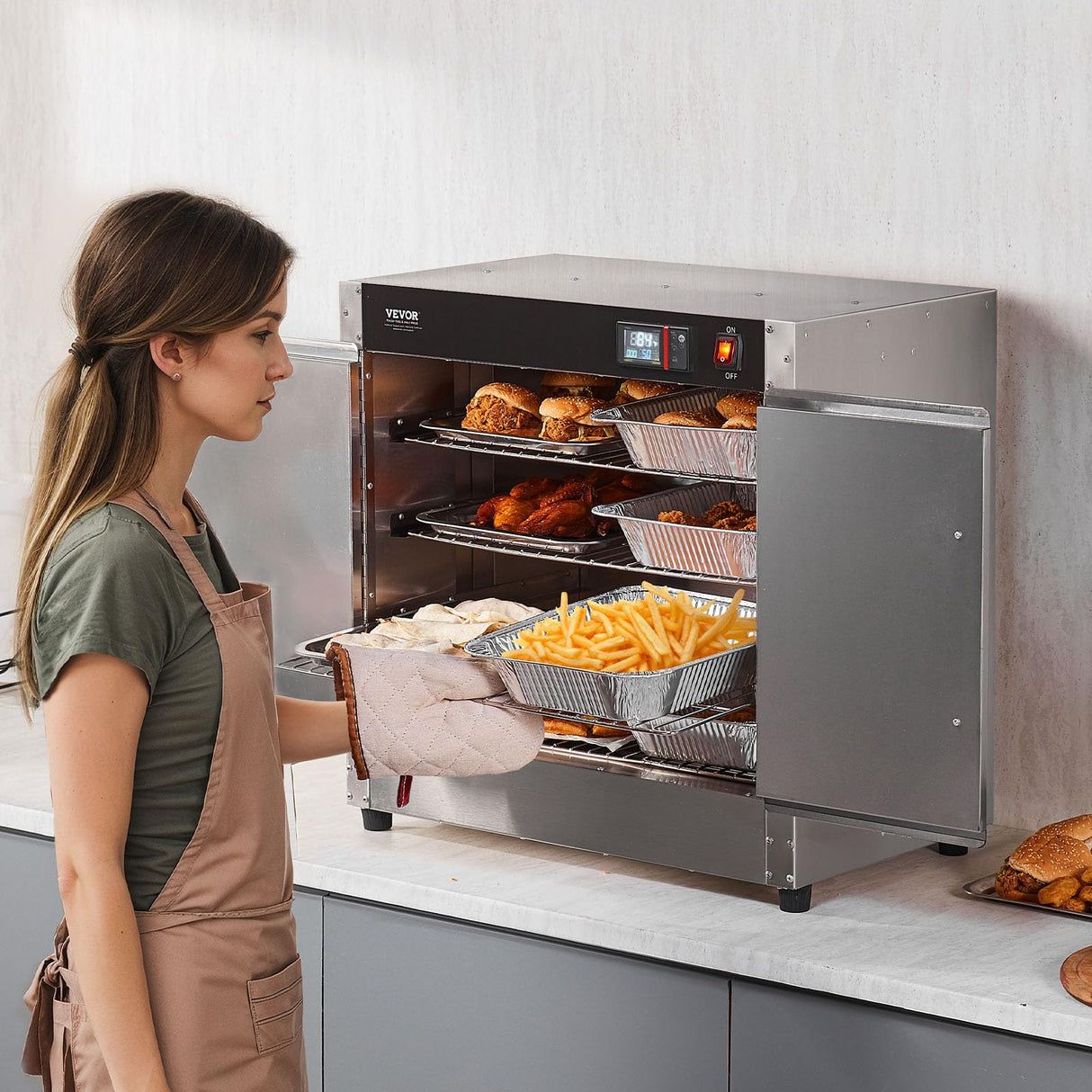 VEVOR Hot Box Food Warmer, 4-Tier Concession Warmer with Water Tray, 4 Pans, Double-Door and Adjustable Shelves, Stainless Steel Food Warmer Cabinet, Ideal for Storing Pizza, Chicken, Restaurant