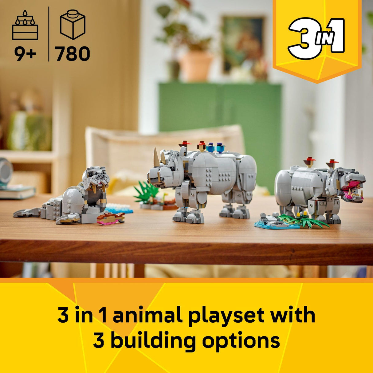 LEGO Creator 3 in 1 Wild Animals: Majestic Rhino with Birds Building Toys for Kids - Safari Pretend Play Toys for Girls & Boys, Ages 9+ - Gift for Christmas - 31171