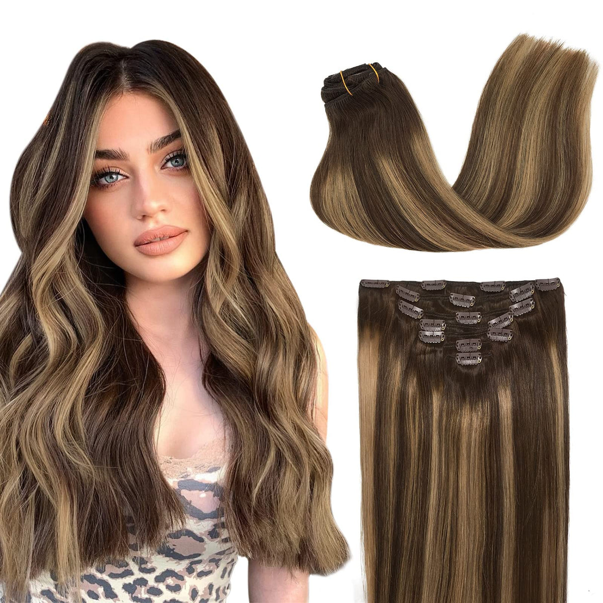 GOO GOO Clip in Hair Extensions Real Human Hair, Remy Human Hair Extensions Clip ins for Women, Natural Human Hair, 20inch 120g 7Pcs, 4/27/4 Balayage Chocolate Brown to Caramel Blonde
