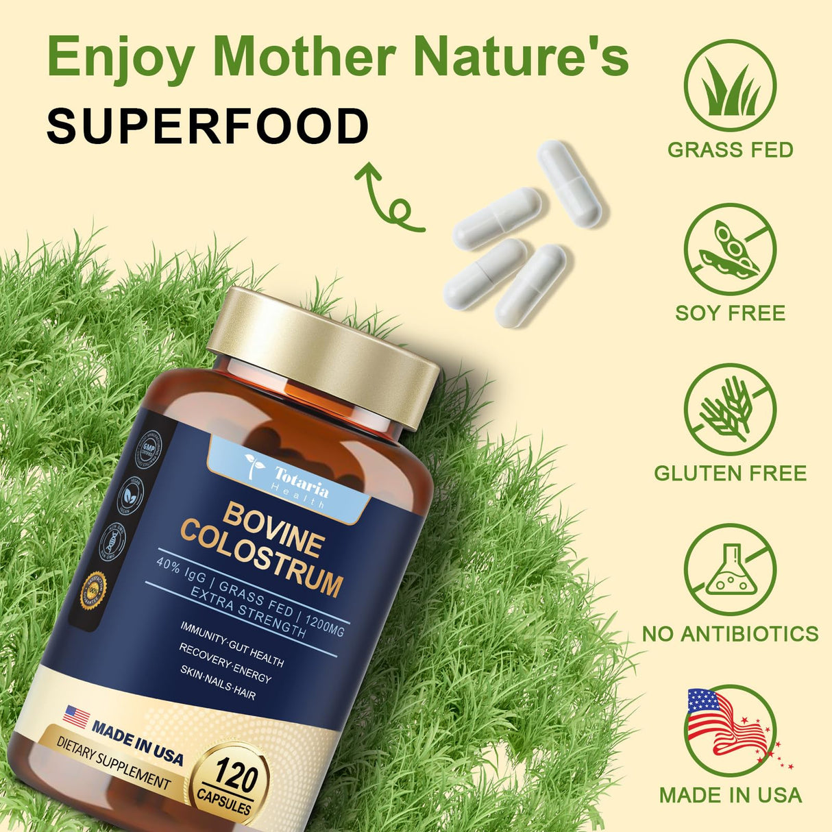 Totaria Bovine Colostrum Supplement Capsules for Gut Health, Hair Growth, Beauty and Immune Support - USA Farm Grass Fed - No Fillers, GMP Certified Calostro Bovino para Adultos Organico, 60 Servings