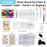 Pintada 42 Color Face Painting Kit for Kids - Non Toxic Water Activated Face Paint Palette With Stencils, Brush, Sponges, Book. For Carnival, Halloween, Costume Makeup and Festivals & Events
