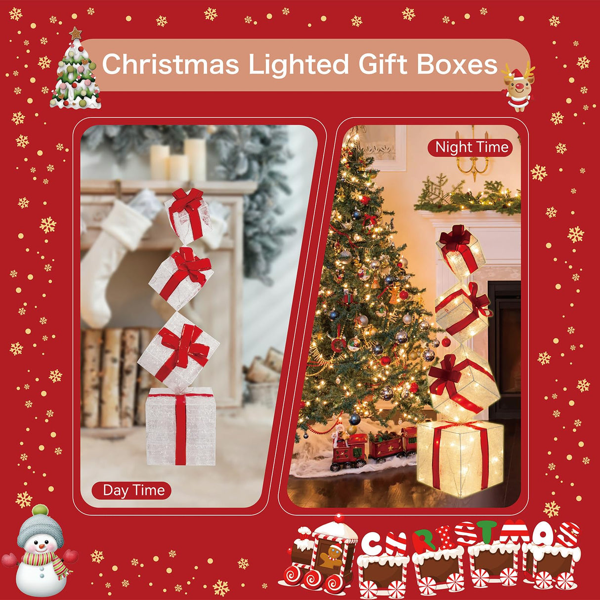 SANHSEHOME Set of 4 Christmas Lighted Gift Boxes, 3.3FT 70 LED Stackable Light Up Present Boxes for Christmas Decorations Indoor Outdoor Yard Lawn Porch Home Decor(4 Piece Set)