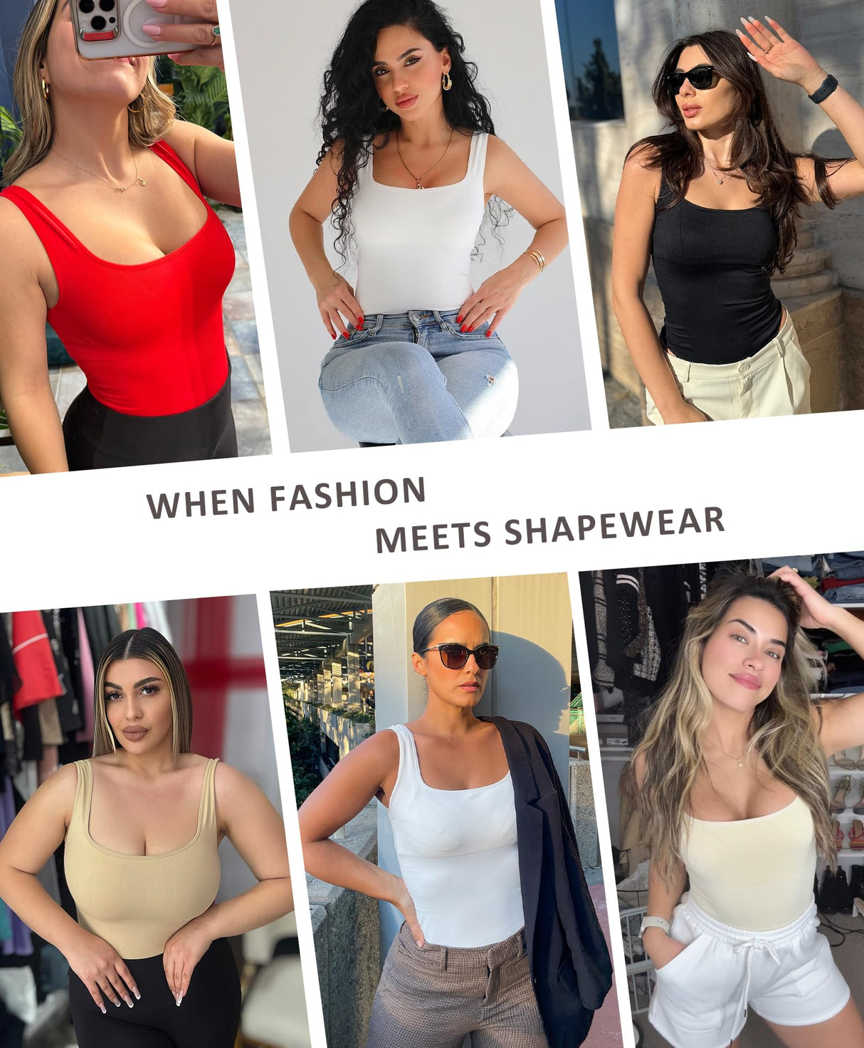 FeelinGirl Bodysuits for Women Square Neck Tummy Control Tank Tops Bodysuit for Women Compression Bodysuit White M/L