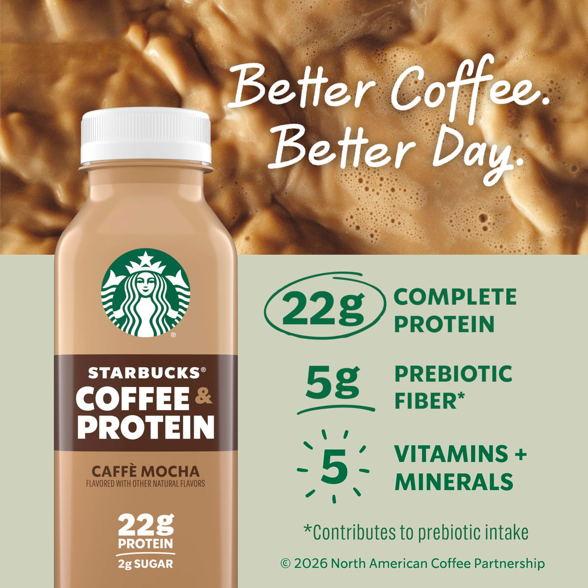 Starbucks Coffee & Protein, Caffe Mocha, 12 fl oz Bottles, (12 Pack), 22g 2g Sugar, No Added 5g Prebiotic Fiber, High Iced Coffee, Vegetarian