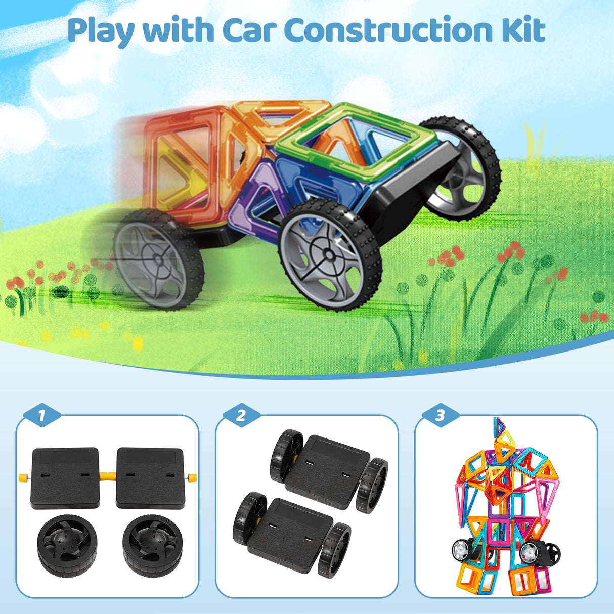 Crenova Magnetic Tiles with 2 Car Wheel Sets for Ages 3+ Boys & Girls, 60-Piece STEM Educational Toy, for Birthday Christmas