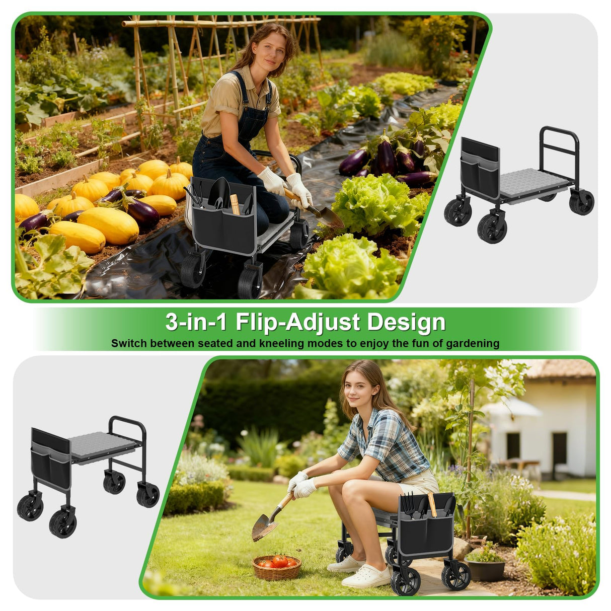 Garden Kneeler and Seat with 360° Wheels: 3-in-1 Rolling Gardning Stool