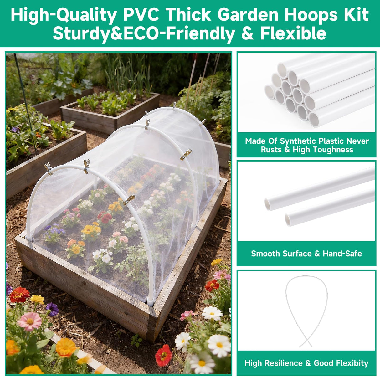 Greenhouse Garden Hoops for Raised Beds Plant Cover Netting, 36pcs PVC Adjustable Garden Hoop with 20 Clips for Shade Cloth Net, Rust-Free Green House Hoops Grow Tunnel Plant Hoop Support DIY Frame