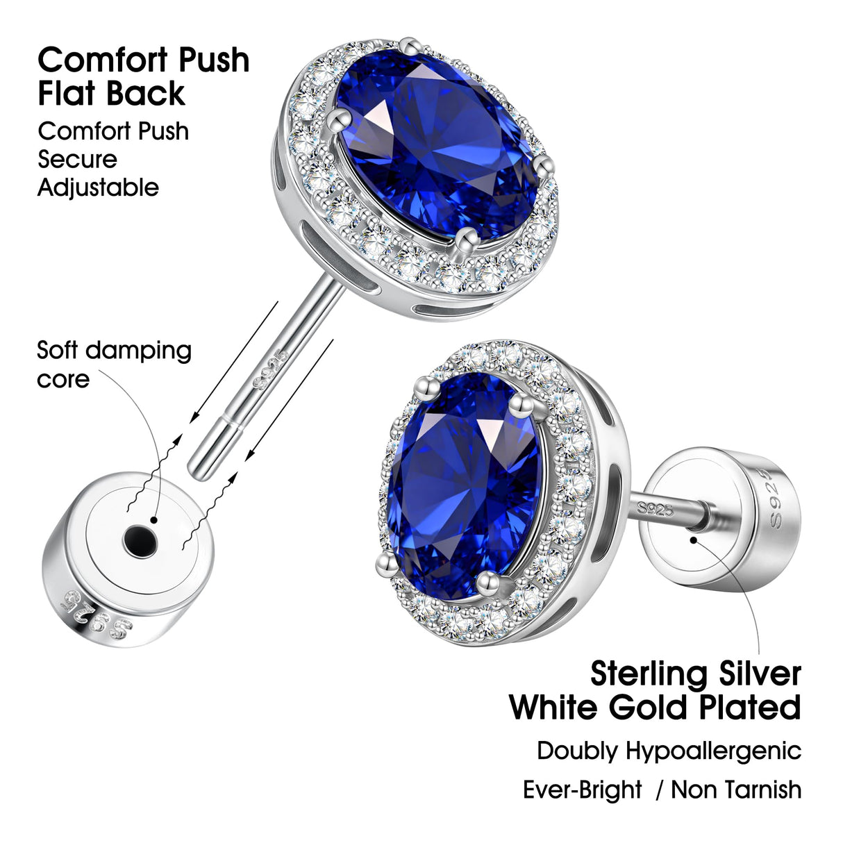 ININY Certified Lab Grown Blue Sapphire Flat Back Stud Earrings, September