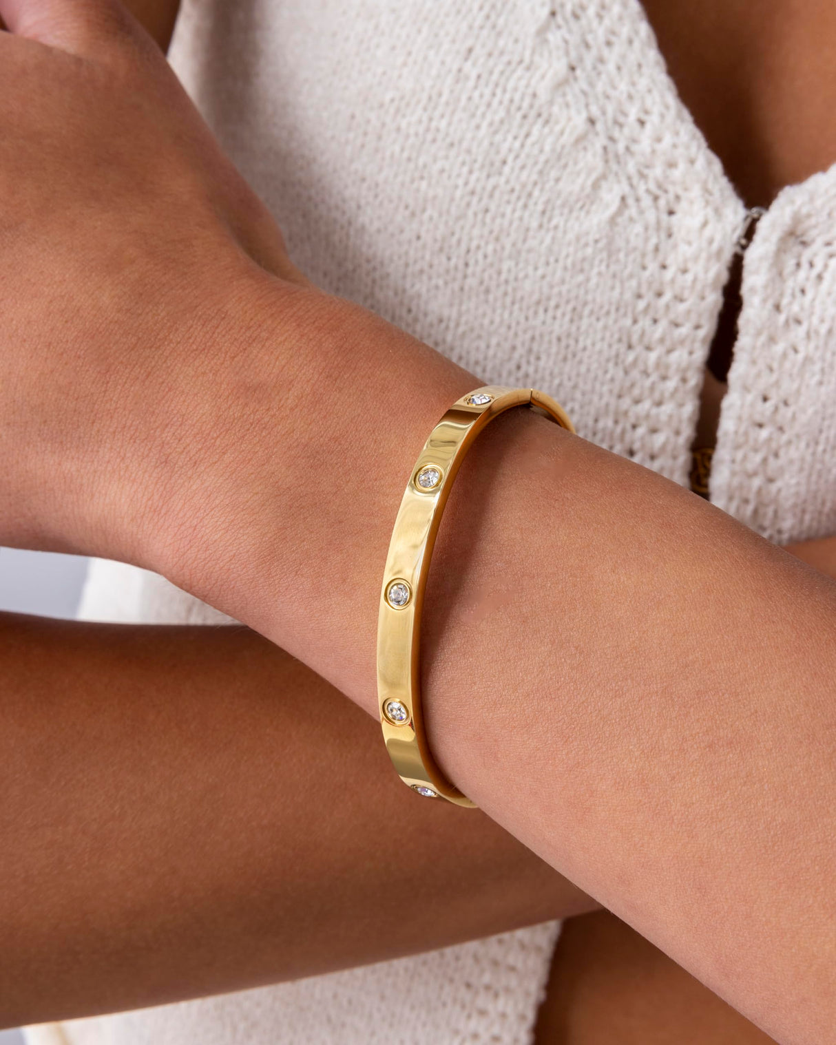 PAVOI Waterproof Bracelet for Women - 14K Yellow Gold Plated Bangle with Cubic Zirconia - Stainless Steel Hinge Bracelet Jewelry Gifts - 6.5"