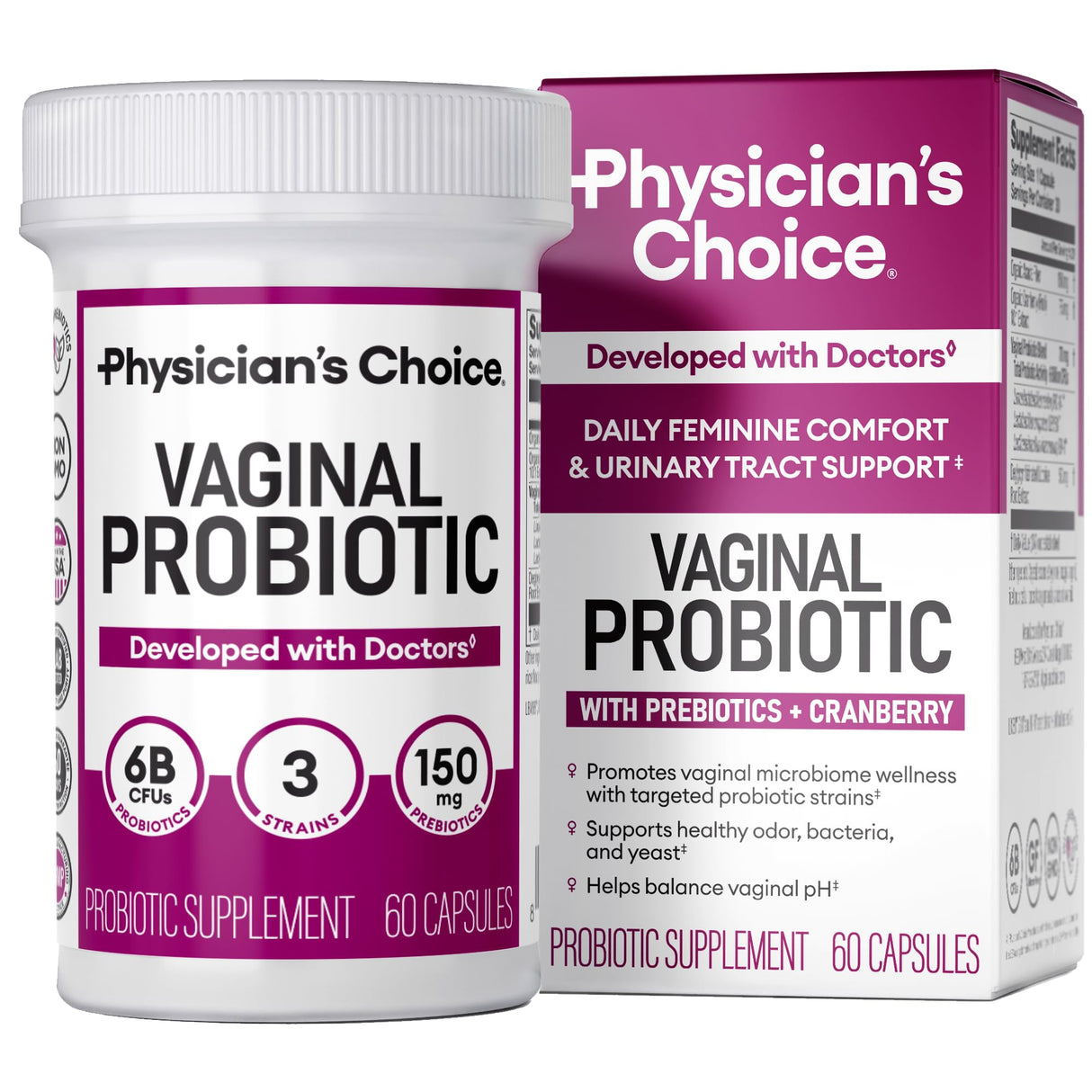 Physician's CHOICE Vaginal Probiotics for Women - pH Balance, Odor Control, Yeast Balance, Vaginal Flora & Feminine Health - 6B CFU with Organic Prebiotics and Cranberry Extract - 60 CT