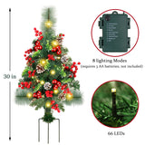 GUOOU Set of 2 Pathway Christmas Tree Urn Filler, Lighted Artificial Mini Xmas Trees with Lights, Outdoor Christmas Decorations for Porch, Driveway, Yard (5 Pine Cones)